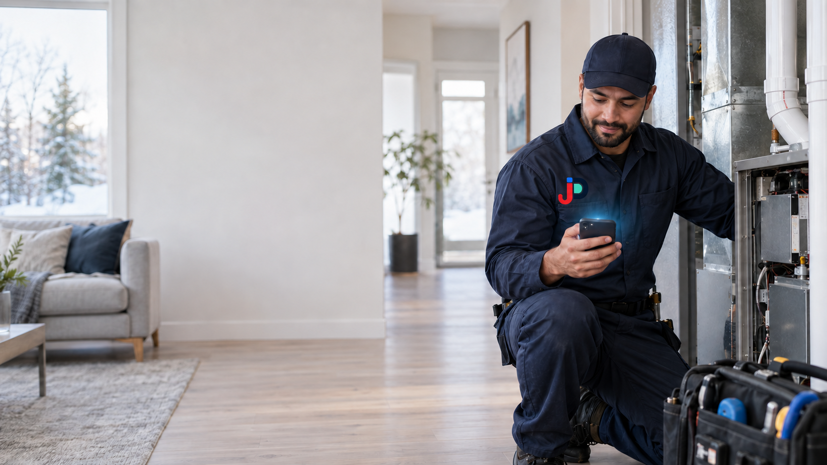 HVAC technician checking a customer inquiry on a phone